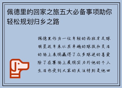 佩德里的回家之旅五大必备事项助你轻松规划归乡之路