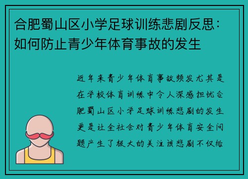 合肥蜀山区小学足球训练悲剧反思：如何防止青少年体育事故的发生
