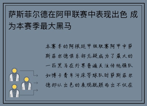 萨斯菲尔德在阿甲联赛中表现出色 成为本赛季最大黑马