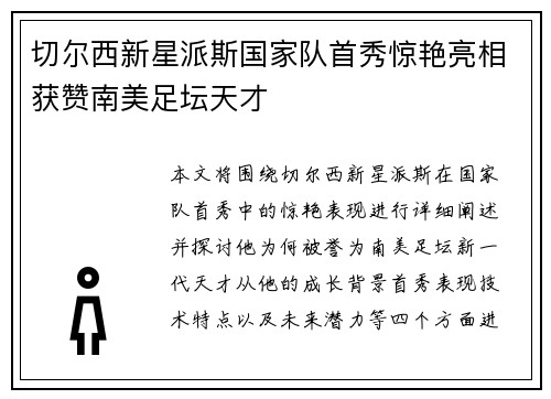 切尔西新星派斯国家队首秀惊艳亮相获赞南美足坛天才
